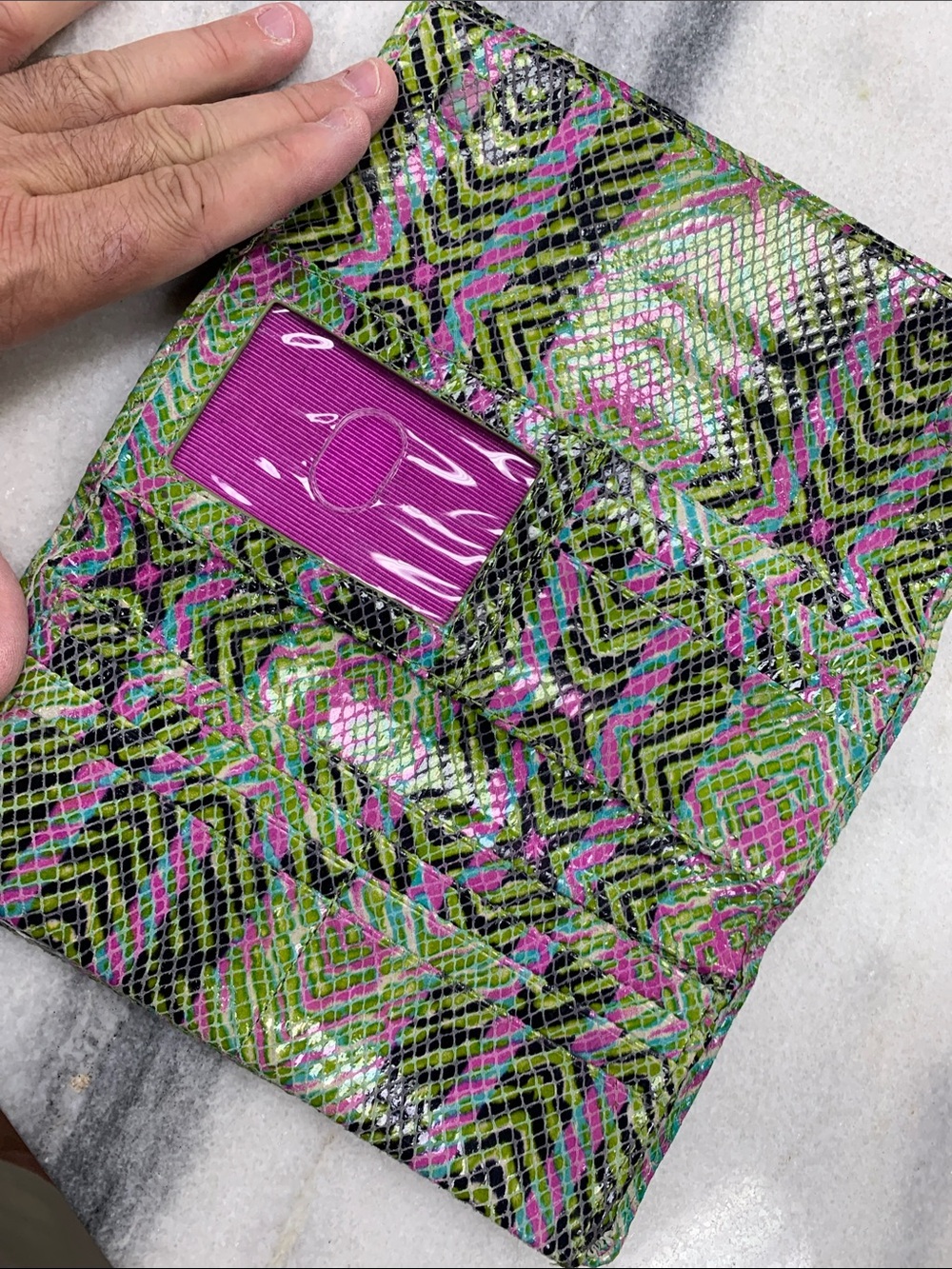 Women’s Snake-Embossed Foldover Wallet in Green & Pink - Picture 3 of 6